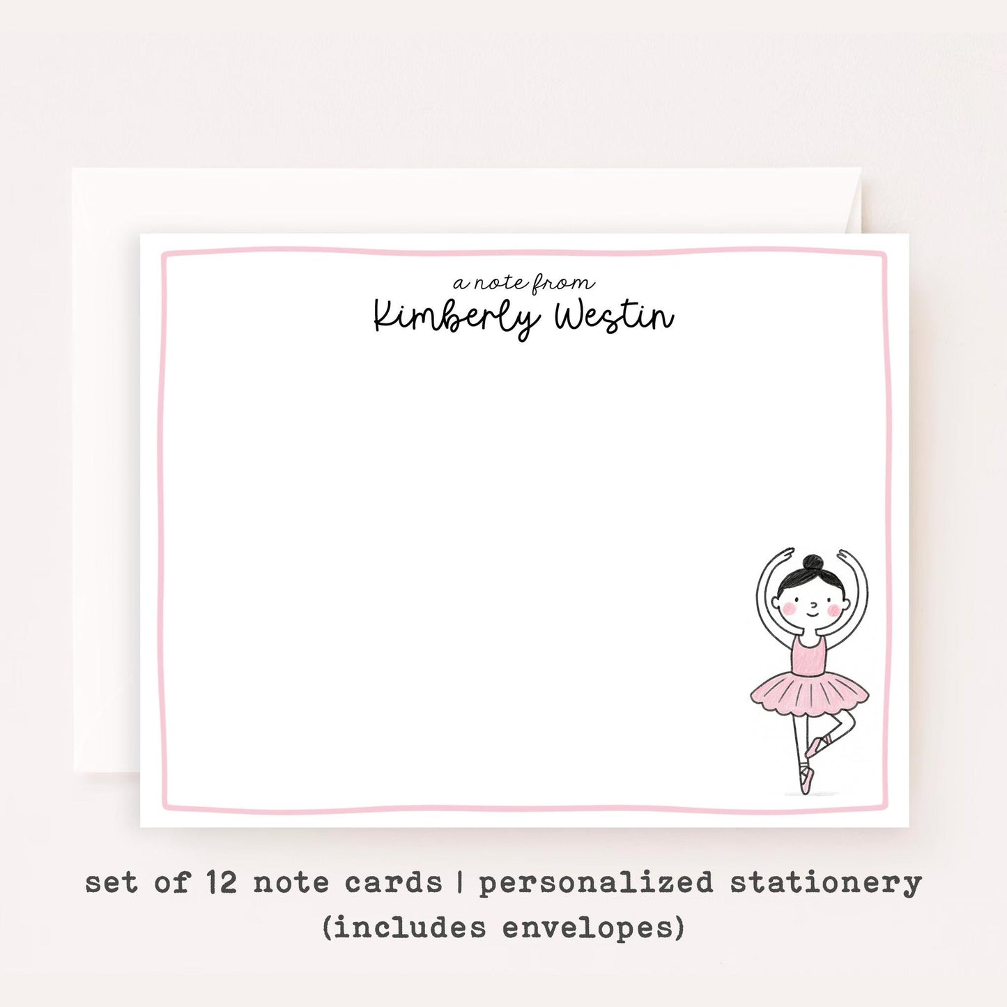 Personalized Ballerina Stationery • Pink Ballet Notecard Set • Custom Name Note Cards • Girls Thank You Cards • Ballet Gift Set of 12