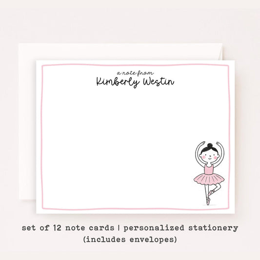 Personalized Ballerina Stationery • Pink Ballet Notecard Set • Custom Name Note Cards • Girls Thank You Cards • Ballet Gift Set of 12