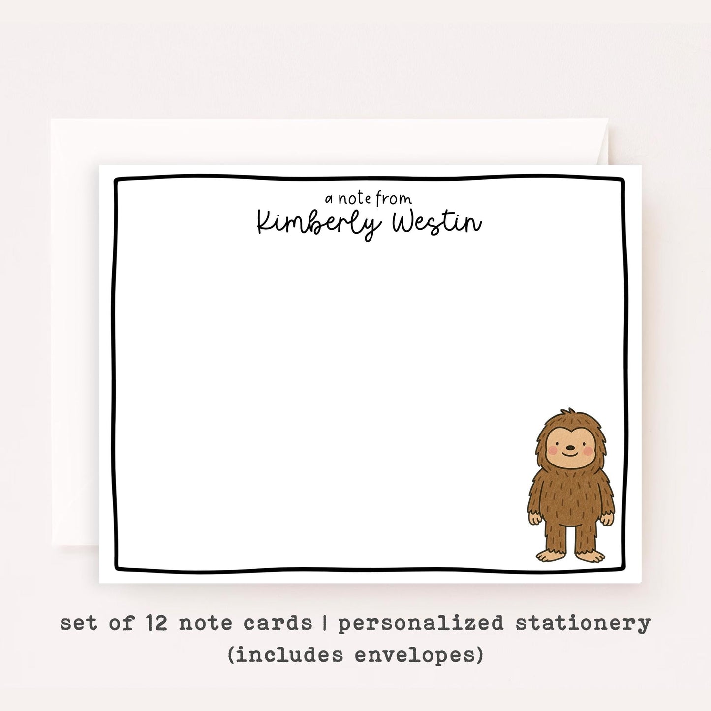 Personalized Bigfoot Notecards • Custom Name Stationery • Cute Sasquatch Flat Note Cards • Bigfoot Thank You Gift • Set of 12