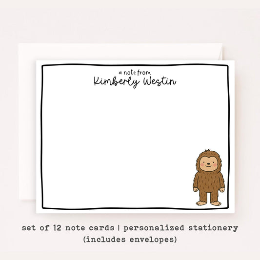 Personalized Bigfoot Notecards • Custom Name Stationery • Cute Sasquatch Flat Note Cards • Bigfoot Thank You Gift • Set of 12