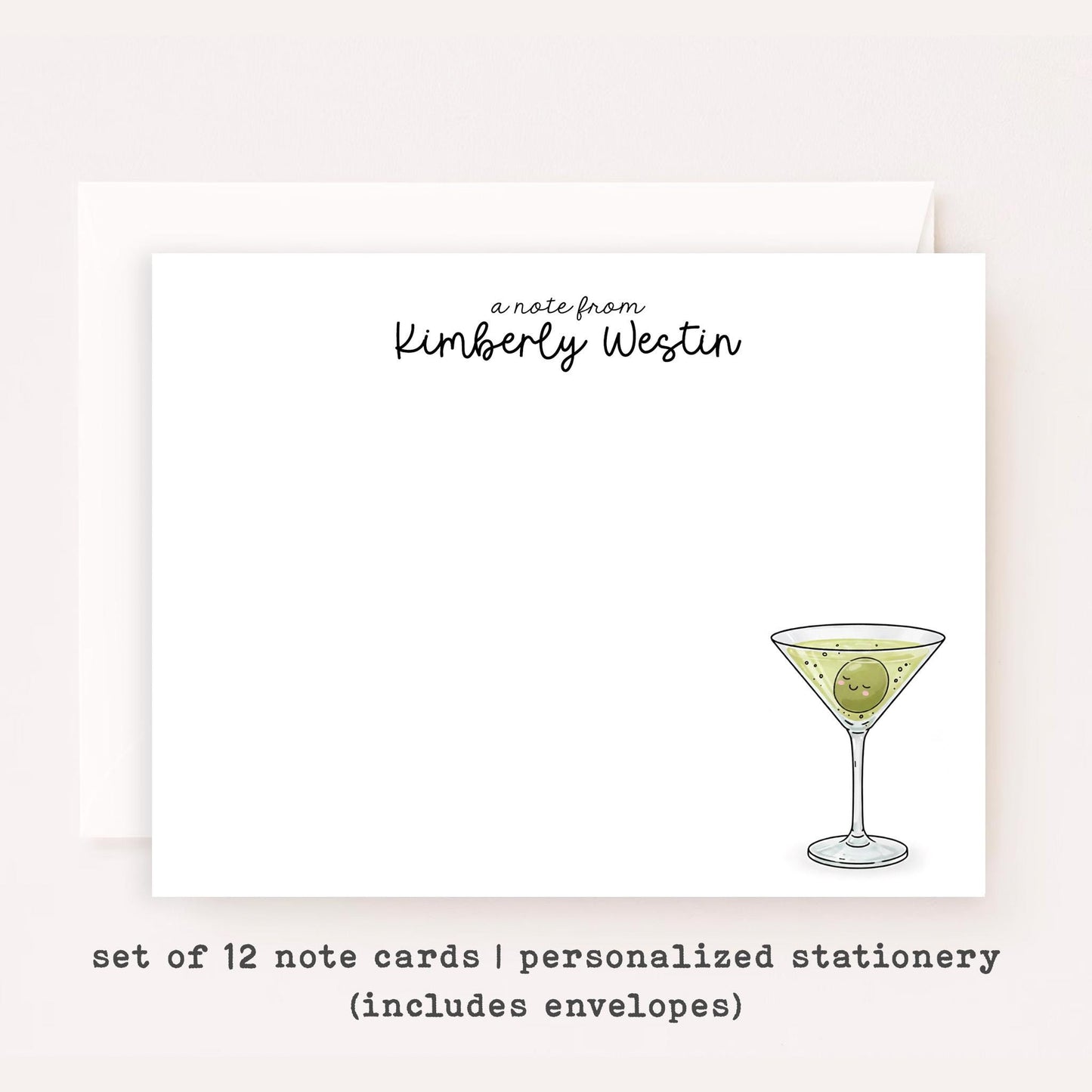 Personalized Martini Note Cards • Custom Name Stationery • Dirty Martini Olive Notecards • Funny Thank You Cards • Set of 12