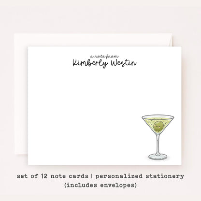 Personalized Martini Note Cards • Custom Name Stationery • Dirty Martini Olive Notecards • Funny Thank You Cards • Set of 12