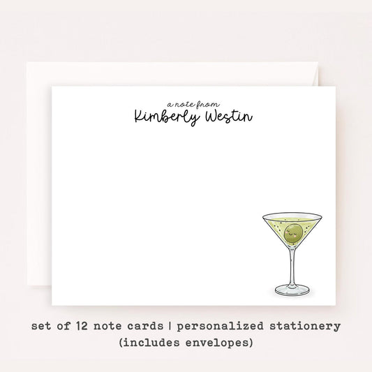 Personalized Martini Note Cards • Custom Name Stationery • Dirty Martini Olive Notecards • Funny Thank You Cards • Set of 12