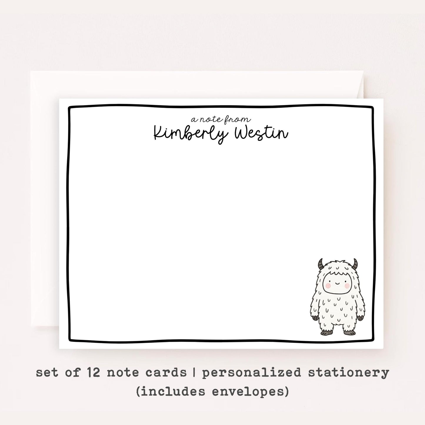 Personalized Yeti Stationery • Cute Cartoon Yeti Notecard Set • Custom Name Note Cards • Funny Winter Thank You Cards • Set of 12