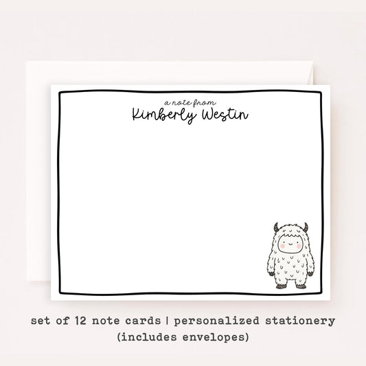 Personalized Yeti Stationery • Cute Cartoon Yeti Notecard Set • Custom Name Note Cards • Funny Winter Thank You Cards • Set of 12