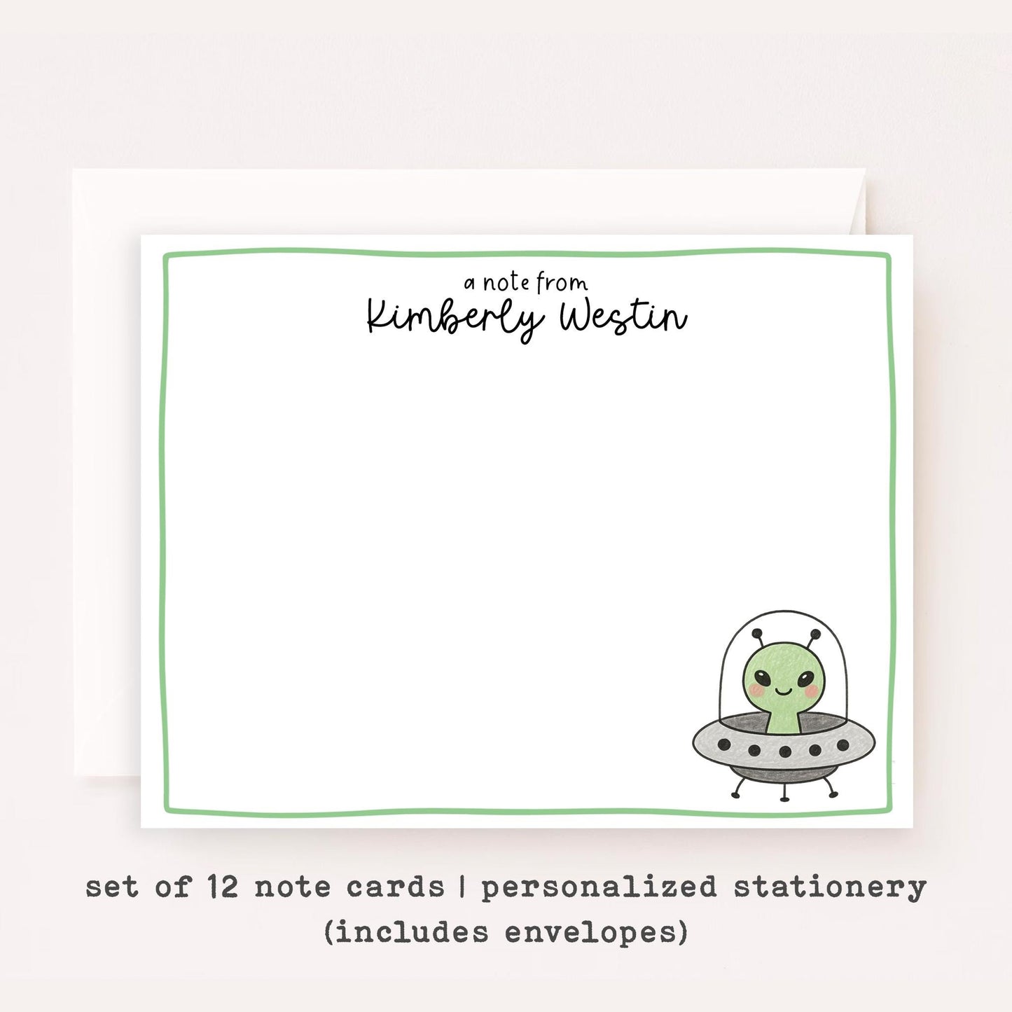 Personalized UFO Notecards • Cute Alien Stationery • Custom Name Space Note Cards • UFO Spaceship Thank You Card Set of 12