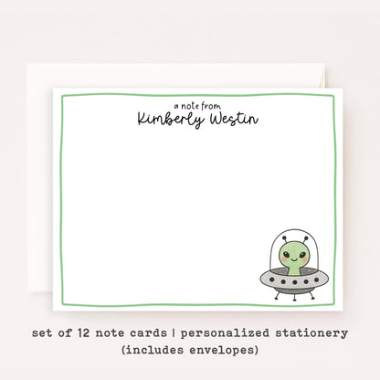 Personalized UFO Notecards • Cute Alien Stationery • Custom Name Space Note Cards • UFO Spaceship Thank You Card Set of 12