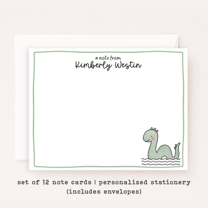 Personalized Loch Ness Notecards • Custom Name Stationery • Cute Nessie Flat Note Cards • Loch Ness Monster Thank You Gift Cartoon Nessie