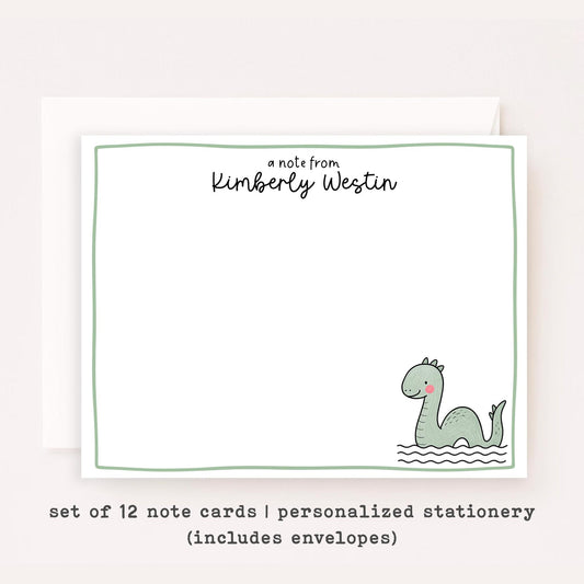 Personalized Loch Ness Notecards • Custom Name Stationery • Cute Nessie Flat Note Cards • Loch Ness Monster Thank You Gift Cartoon Nessie