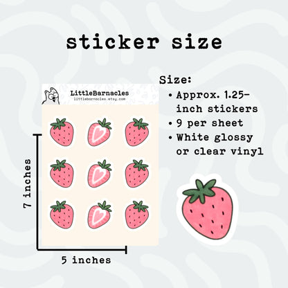 Mini Strawberry Sticker Sheet • Cute Pink Strawberry Stickers • Waterproof Vinyl Fruit Decals • Laptop Planner Stickers