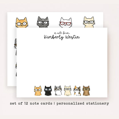 Personalized Cat Glasses Notecards • Cute Cat Stationery • Custom Name Cat Thank You Cards • Set of 12 Flat Note Cards