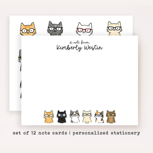 Personalized Cat Glasses Notecards • Cute Cat Stationery • Custom Name Cat Thank You Cards • Set of 12 Flat Note Cards