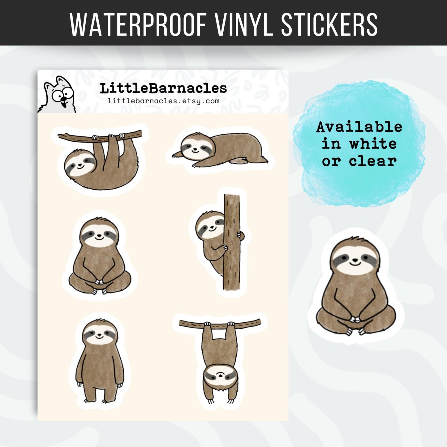 Mini Sloth Sticker Sheet • Cute Sloth Stickers • Waterproof Vinyl Animal Stickers • Sloth Laptop Water Bottle Planner Stickers