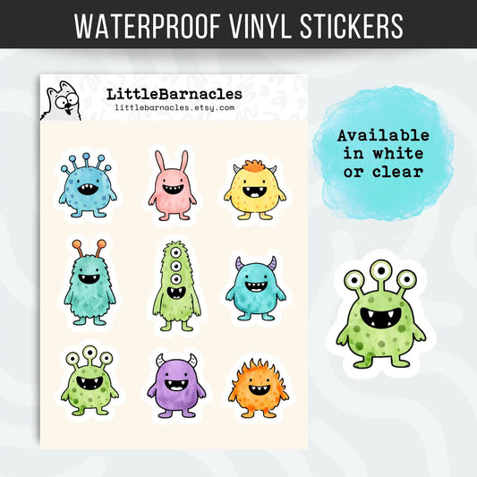 Mini Monster Sticker Sheet • Cute Monster Stickers • Waterproof Vinyl Cartoon Monsters • Funny Small Stickers for Laptop & Planner