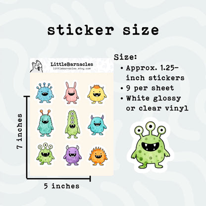 Mini Monster Sticker Sheet • Cute Monster Stickers • Waterproof Vinyl Cartoon Monsters • Funny Small Stickers for Laptop & Planner