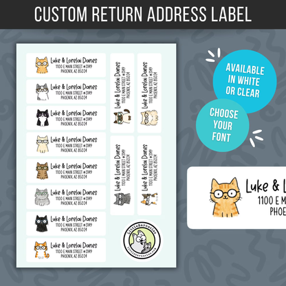 Cats with Glasses Return Address Labels • Personalized Mailing Stickers • Custom Cat Address Labels • Weatherproof Vinyl • Cute Pet Labels