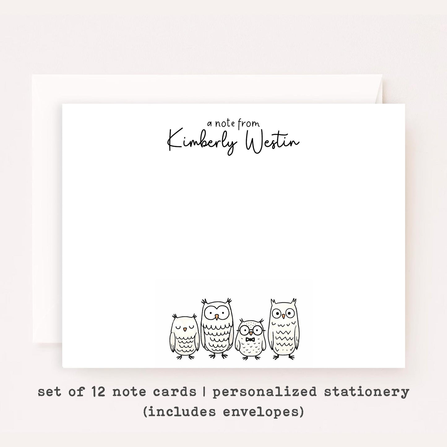 Personalized Owl Stationery Set • Custom Owl Flat Notecards • Cute Owl Thank You Cards • Custom Name Stationery • Set of 12
