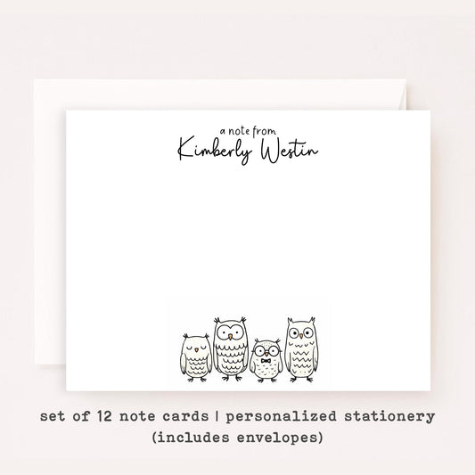 Personalized Owl Stationery Set • Custom Owl Flat Notecards • Cute Owl Thank You Cards • Custom Name Stationery • Set of 12