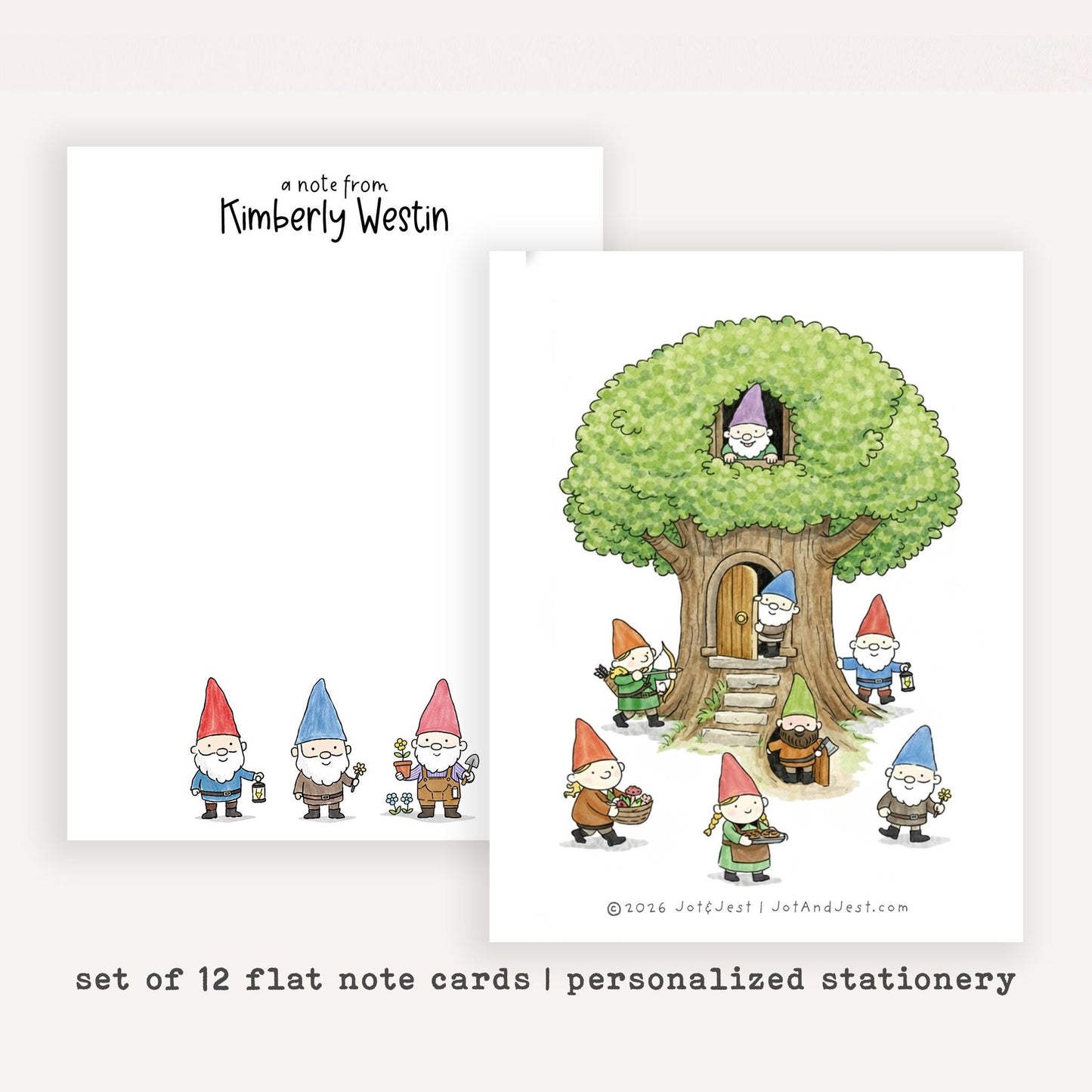 Personalized Gnome Flat Note Cards • Custom Gnome Stationery • Whimsical Gnome Thank You Cards • Custom Name Notecards