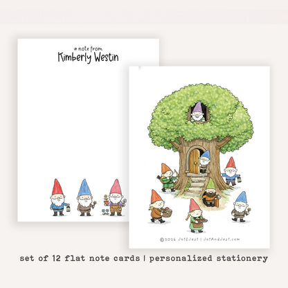 Personalized Gnome Flat Note Cards • Custom Gnome Stationery • Whimsical Gnome Thank You Cards • Custom Name Notecards