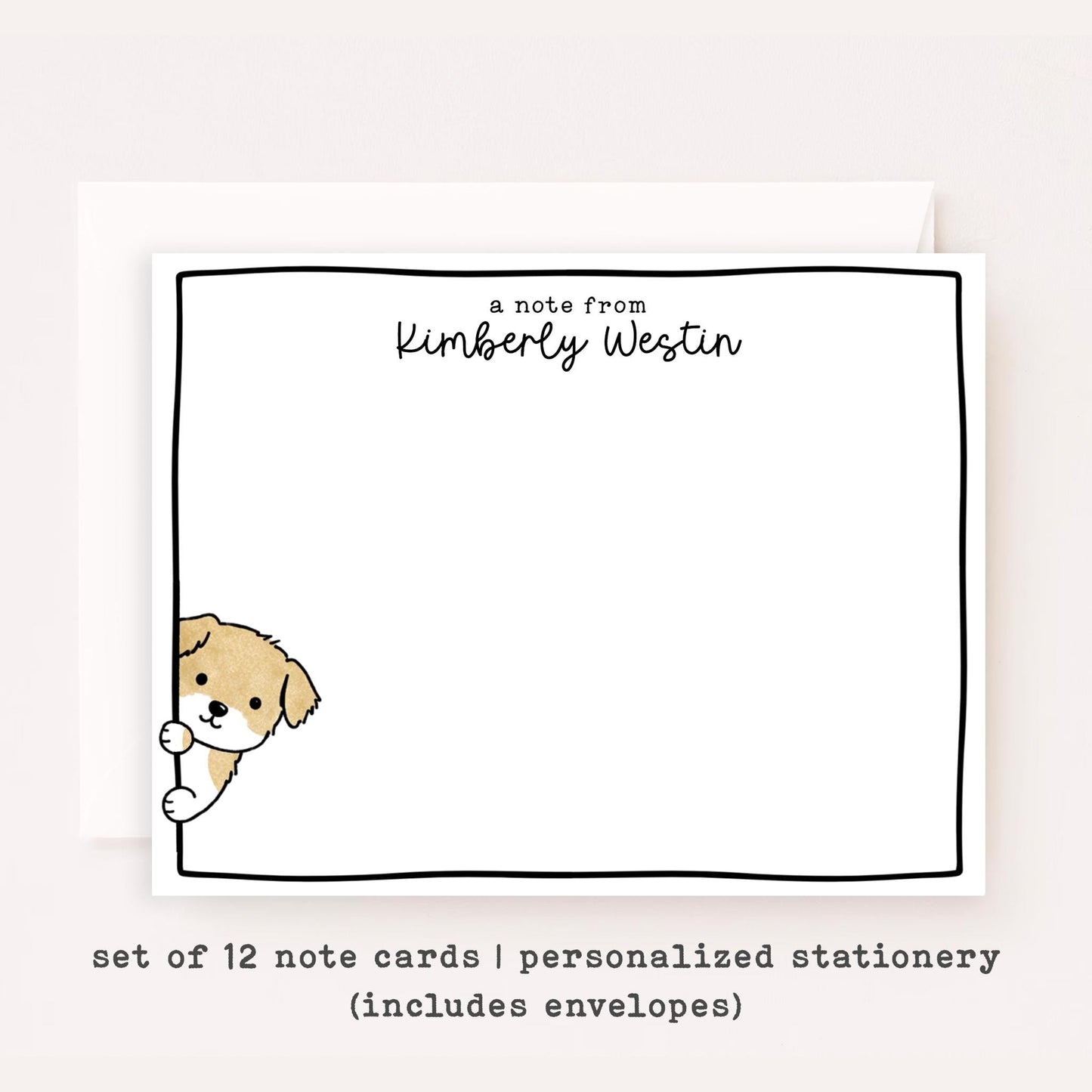 Personalized Dog Stationery Set • Custom Name Flat Notecards • Cute Dog Thank You Cards • Monogram Stationery Gift • Set of 12 • Sneaky Dogs