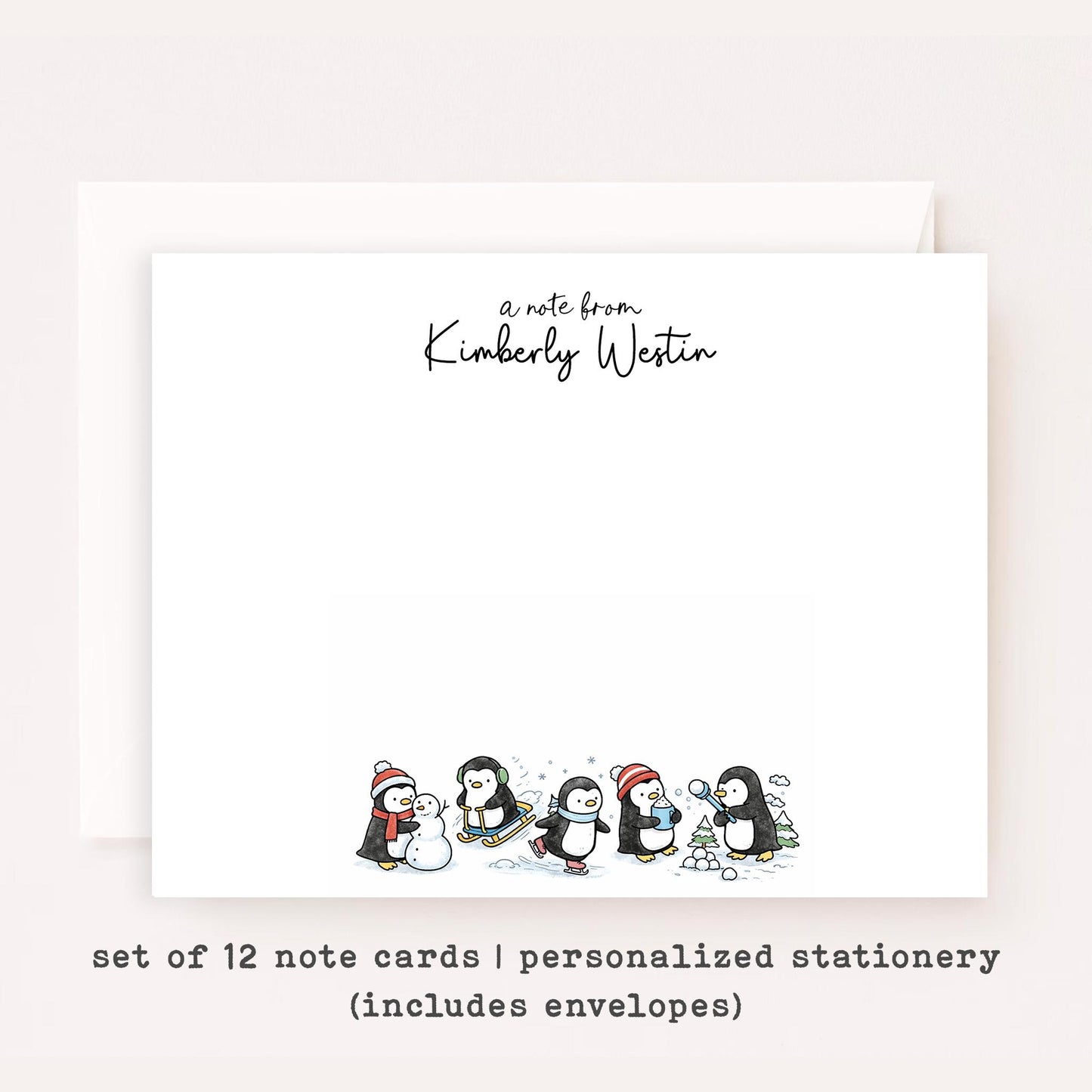 Personalized Penguin Christmas Note Cards • Custom Winter Penguin Stationery • Holiday Thank You Cards • Custom Name Set