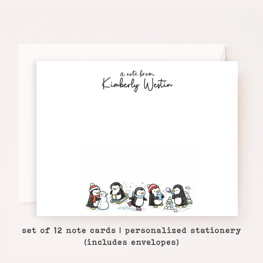Personalized Penguin Christmas Note Cards • Custom Winter Penguin Stationery • Holiday Thank You Cards • Custom Name Set
