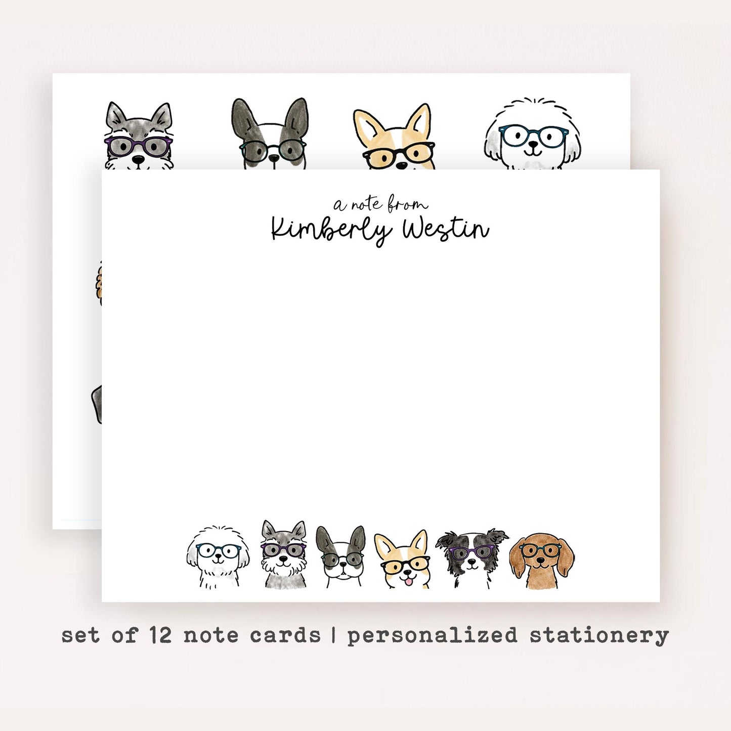 Personalized Dog Glasses Notecards • Cute Dog Stationery • Custom Name Dog Thank You Cards • Set of 12 Flat Note Cards