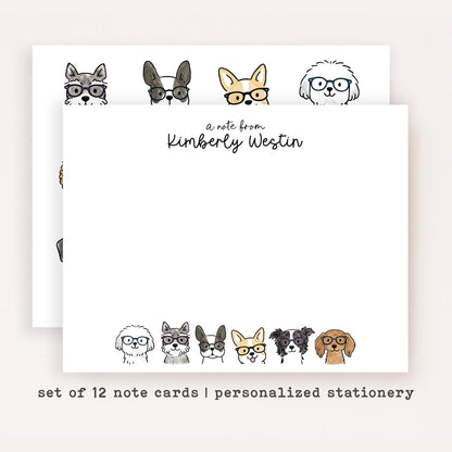 Personalized Dog Glasses Notecards • Cute Dog Stationery • Custom Name Dog Thank You Cards • Set of 12 Flat Note Cards