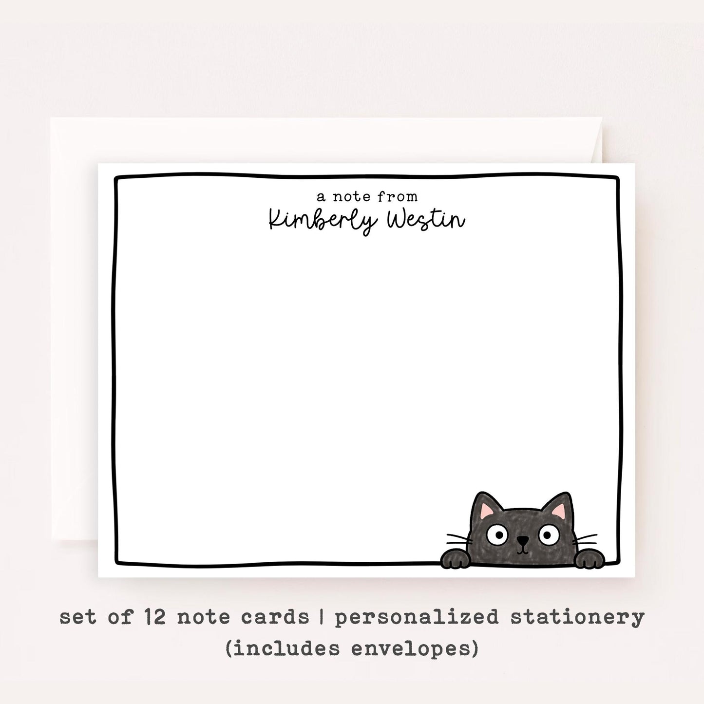 Personalized Black Cat Stationery Set • Custom Name Flat Notecards • Cute Cat Thank You Cards • Cat Lover Gift • Set of 12