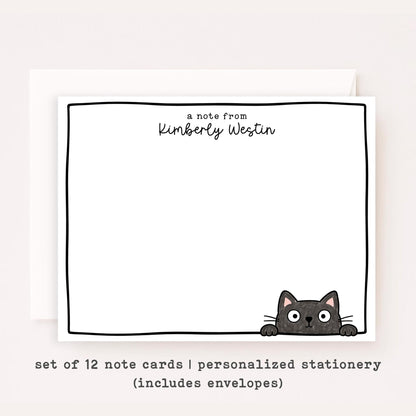 Personalized Black Cat Stationery Set • Custom Name Flat Notecards • Cute Cat Thank You Cards • Cat Lover Gift • Set of 12