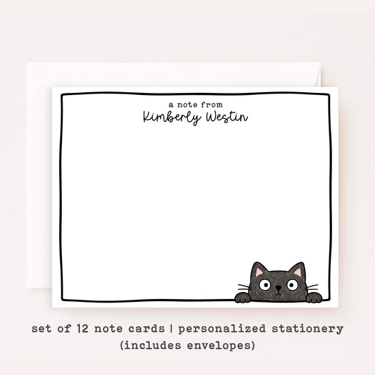 Personalized Black Cat Stationery Set • Custom Name Flat Notecards • Cute Cat Thank You Cards • Cat Lover Gift • Set of 12
