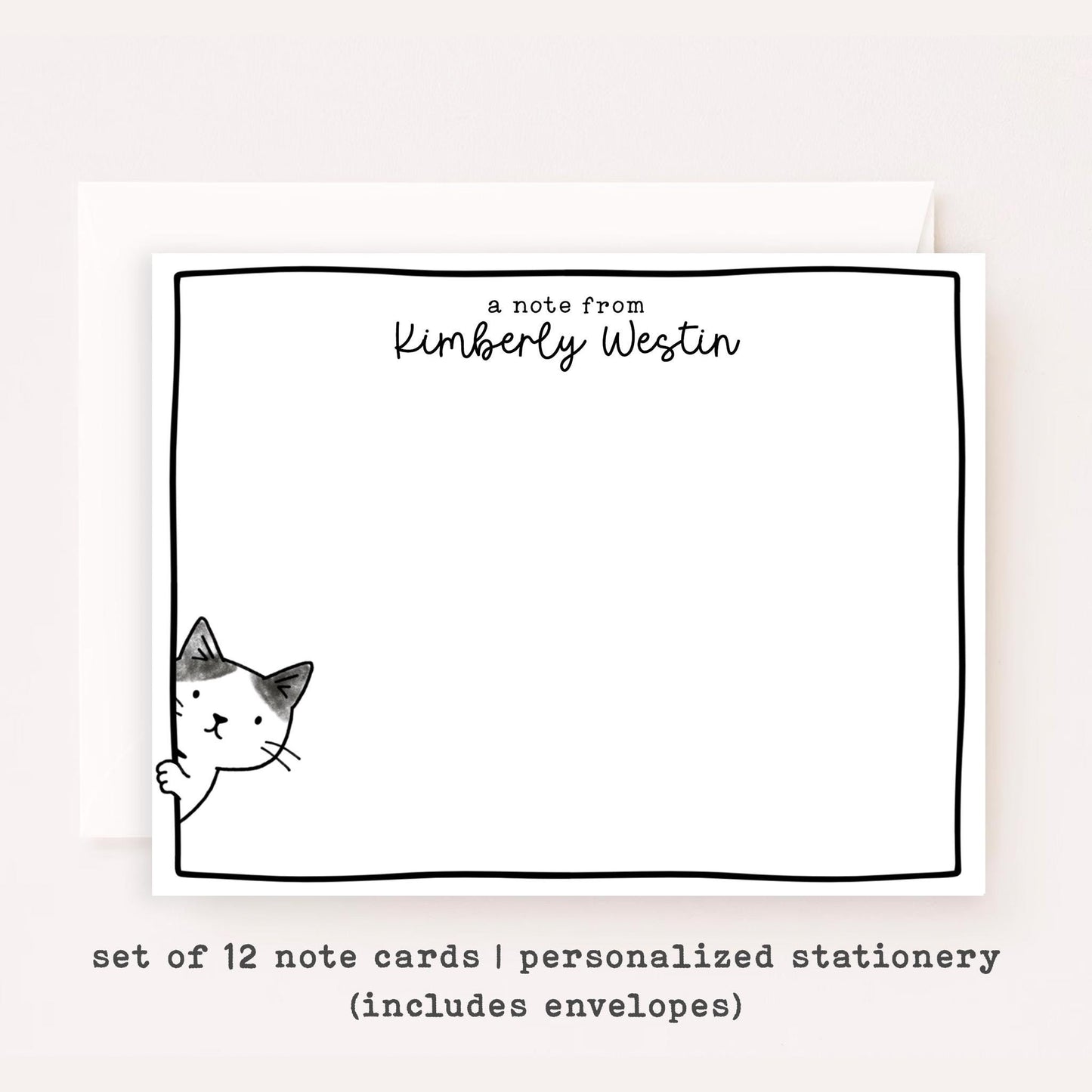 Personalized Sneaky Cat Stationery Set • Custom Name Flat Notecards • Cute Cat Thank You Cards • Monogram Stationery Gift • Set of 12 • Sneaky Cats