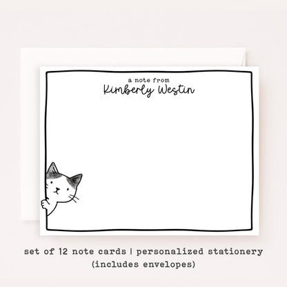 Personalized Sneaky Cat Stationery Set • Custom Name Flat Notecards • Cute Cat Thank You Cards • Monogram Stationery Gift • Set of 12 • Sneaky Cats