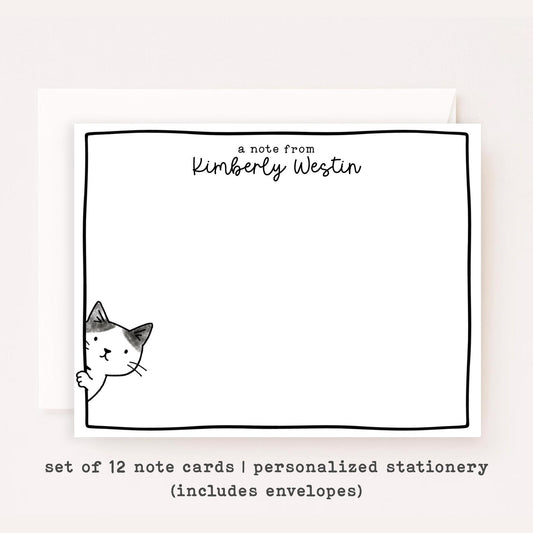 Personalized Sneaky Cat Stationery Set • Custom Name Flat Notecards • Cute Cat Thank You Cards • Monogram Stationery Gift • Set of 12 • Sneaky Cats