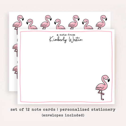 Personalized Pink Flamingo Stationery Set • Custom Name Flat Notecards • Flamingo Thank You Cards • Cute Stationery Gift • Set of 12