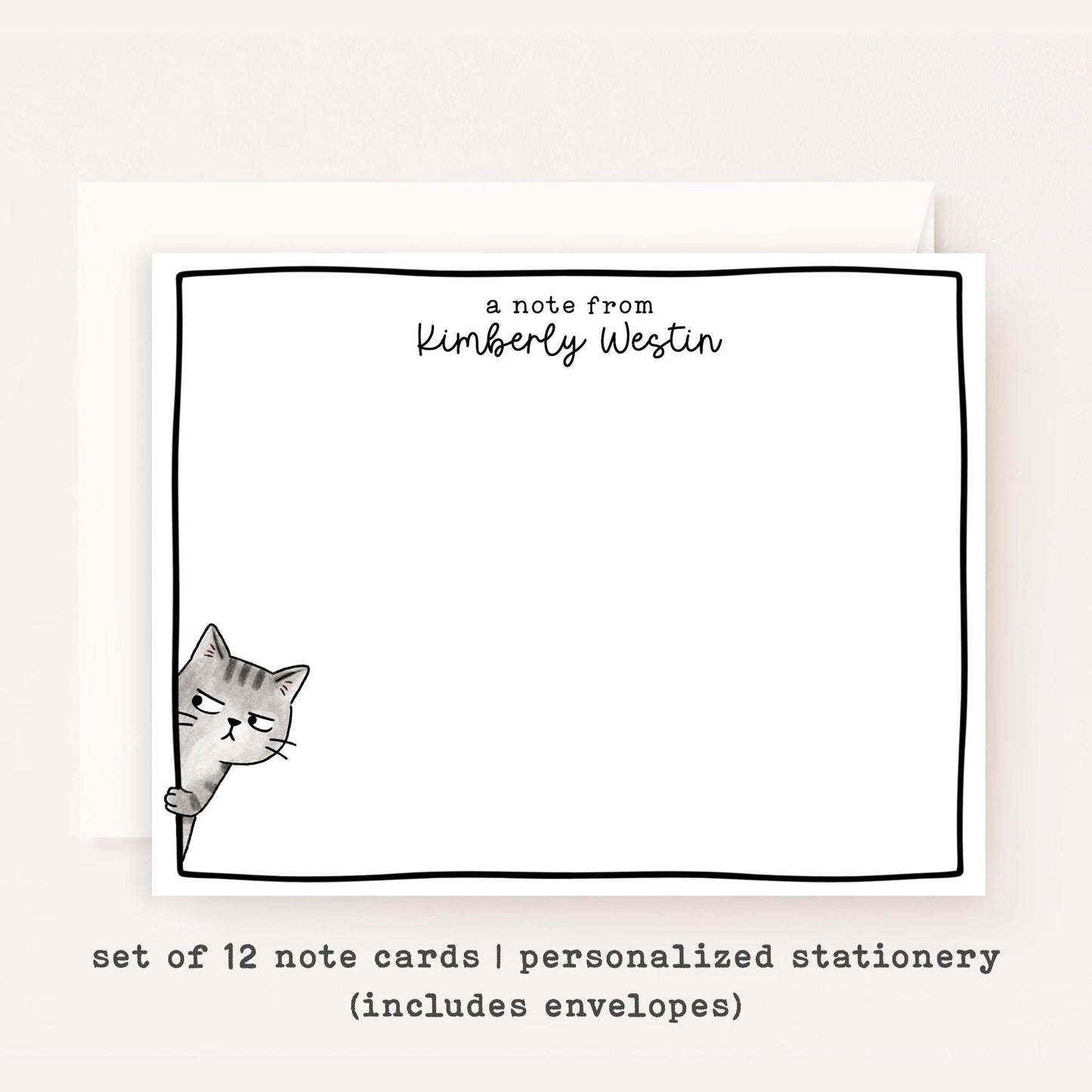 Personalized Suspicious Cat Stationery Set • Custom Name Flat Notecards • Side Eye Cat Thank You Cards • Cute Monogram Gift • Side Eye Cat