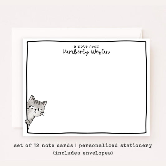 Personalized Suspicious Cat Stationery Set • Custom Name Flat Notecards • Side Eye Cat Thank You Cards • Cute Monogram Gift • Side Eye Cat