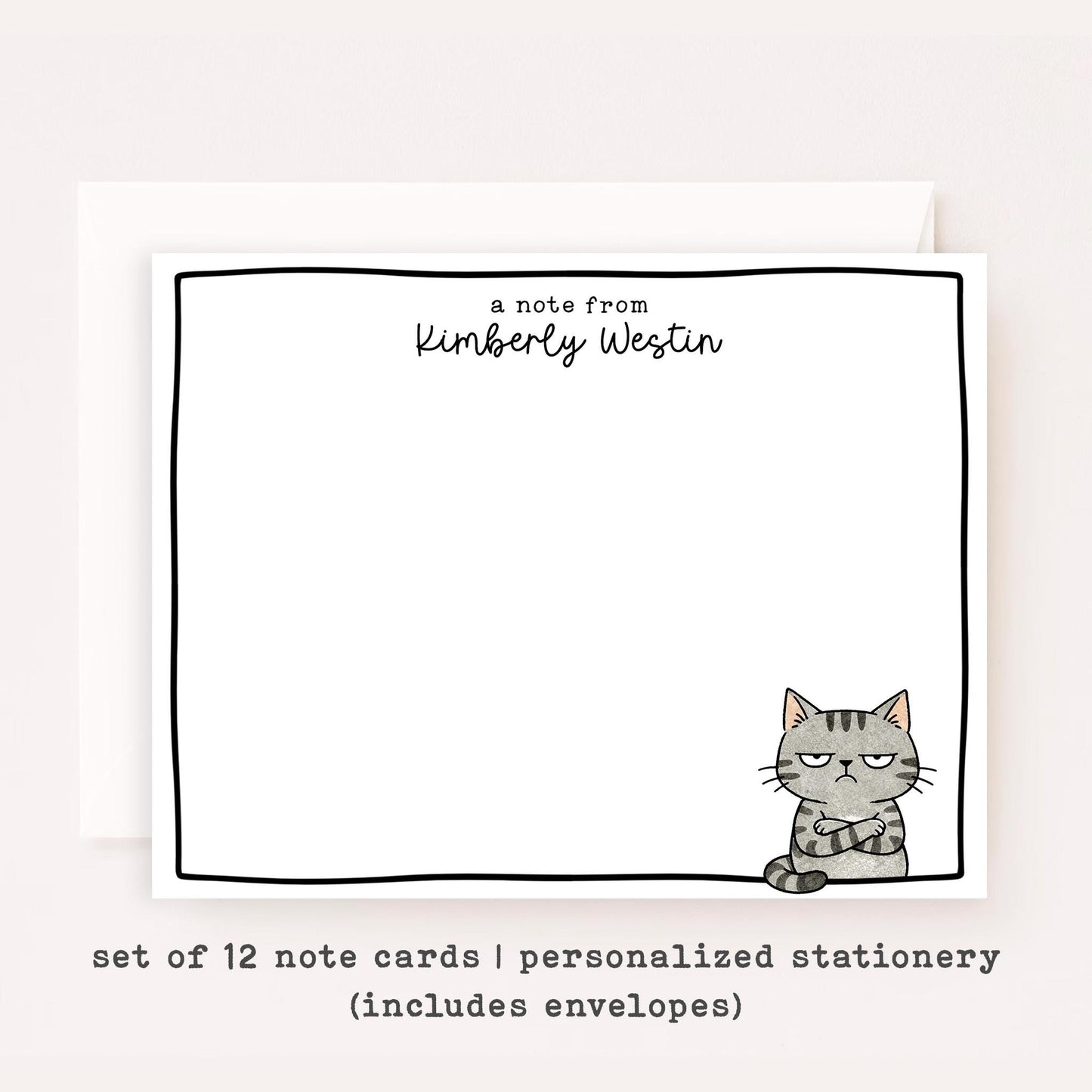 Personalized Grumpy Cat Stationery Set • Custom Name Flat Notecards • Funny Grumpy Cat Thank You Cards • Cat Lover Gift • Set of 12