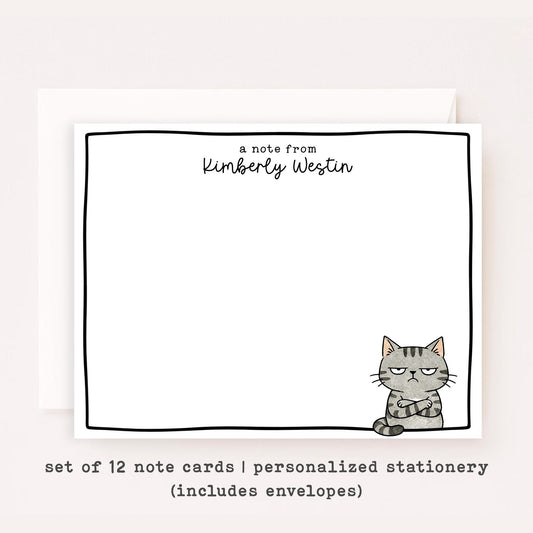 Personalized Grumpy Cat Stationery Set • Custom Name Flat Notecards • Funny Grumpy Cat Thank You Cards • Cat Lover Gift • Set of 12