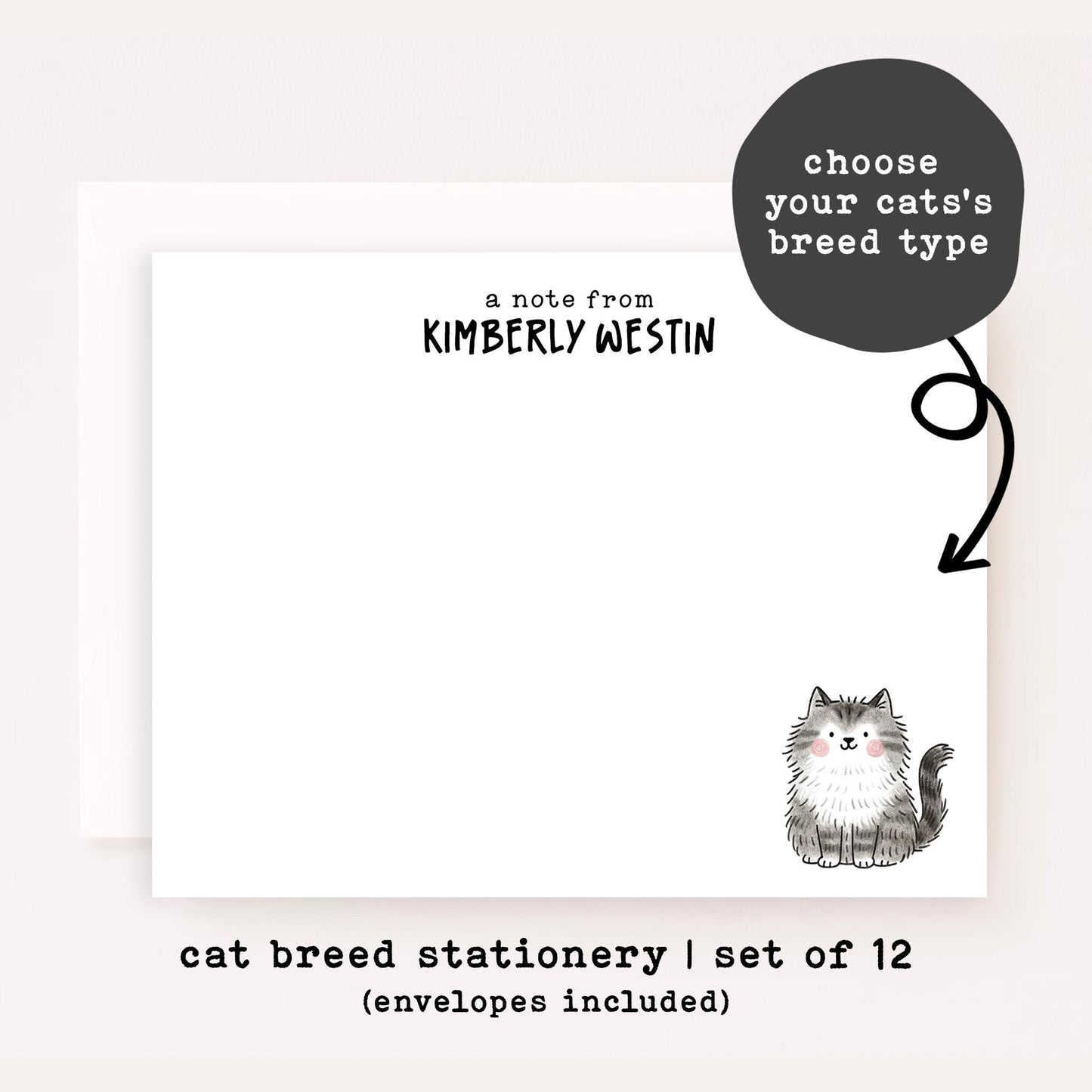 Personalized Cat Breed Stationery Set • Cute Cat Doodle Notecards • Custom Pet Stationery Gift • Set of 12