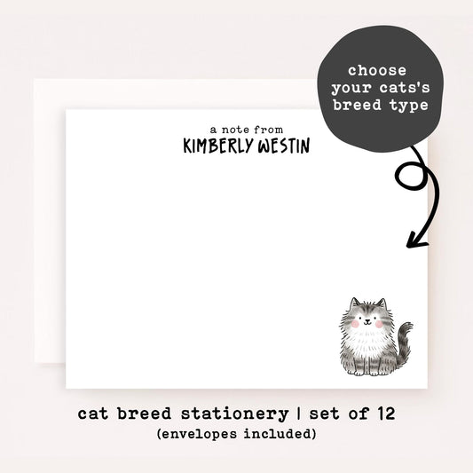 Personalized Cat Breed Stationery Set • Cute Cat Doodle Notecards • Custom Pet Stationery Gift • Set of 12
