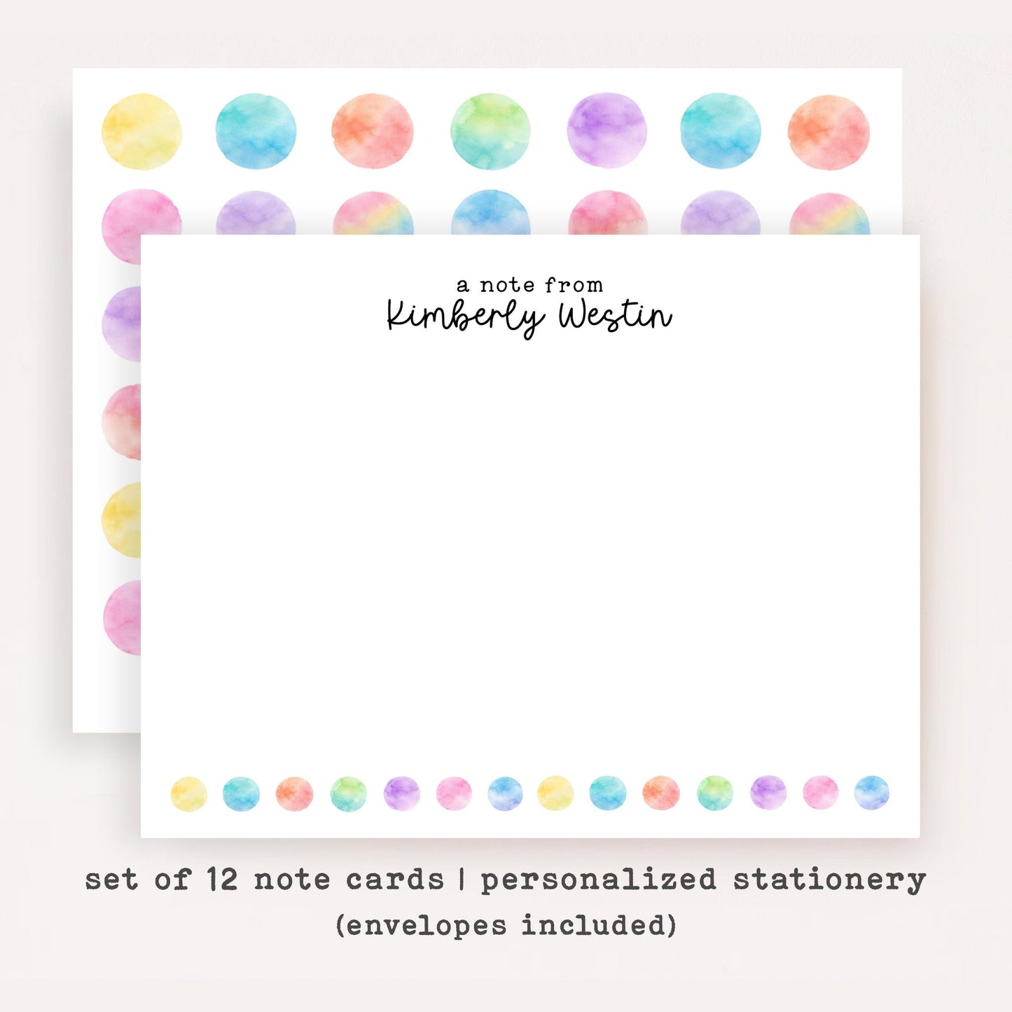 Personalized Polka Dot Stationery Set • Custom Name Flat Notecards • Watercolor Big Dot Thank You Cards • Cute Kids Stationery