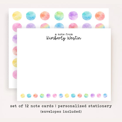 Personalized Polka Dot Stationery Set • Custom Name Flat Notecards • Watercolor Big Dot Thank You Cards • Cute Kids Stationery