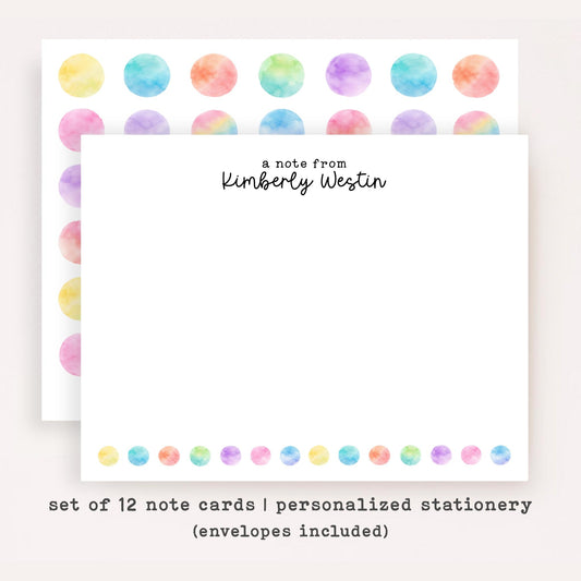 Personalized Polka Dot Stationery Set • Custom Name Flat Notecards • Watercolor Big Dot Thank You Cards • Cute Kids Stationery