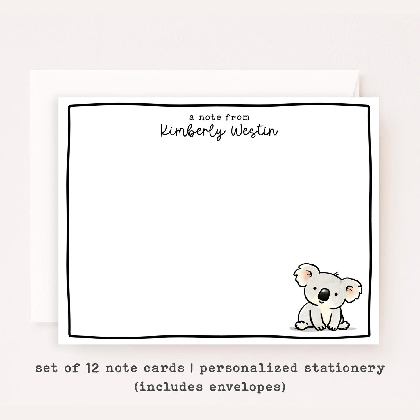 Personalized Koala Stationery Set • Custom Name Flat Notecards • Cute Koala Thank You Cards • Kids Stationery Gift • Set of 12