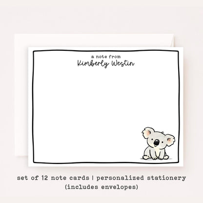 Personalized Koala Stationery Set • Custom Name Flat Notecards • Cute Koala Thank You Cards • Kids Stationery Gift • Set of 12