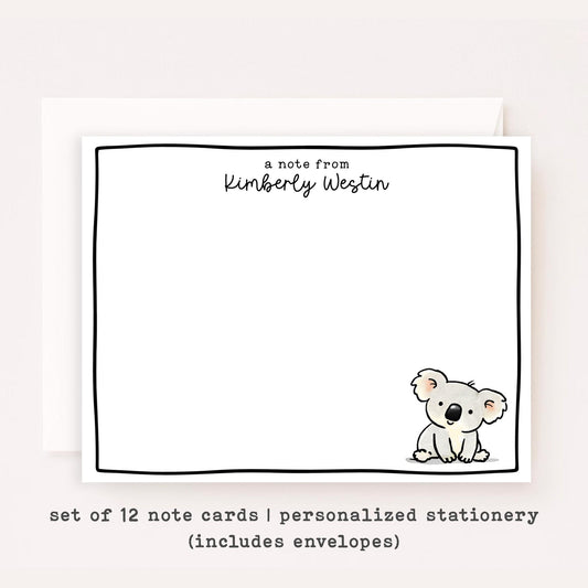Personalized Koala Stationery Set • Custom Name Flat Notecards • Cute Koala Thank You Cards • Kids Stationery Gift • Set of 12