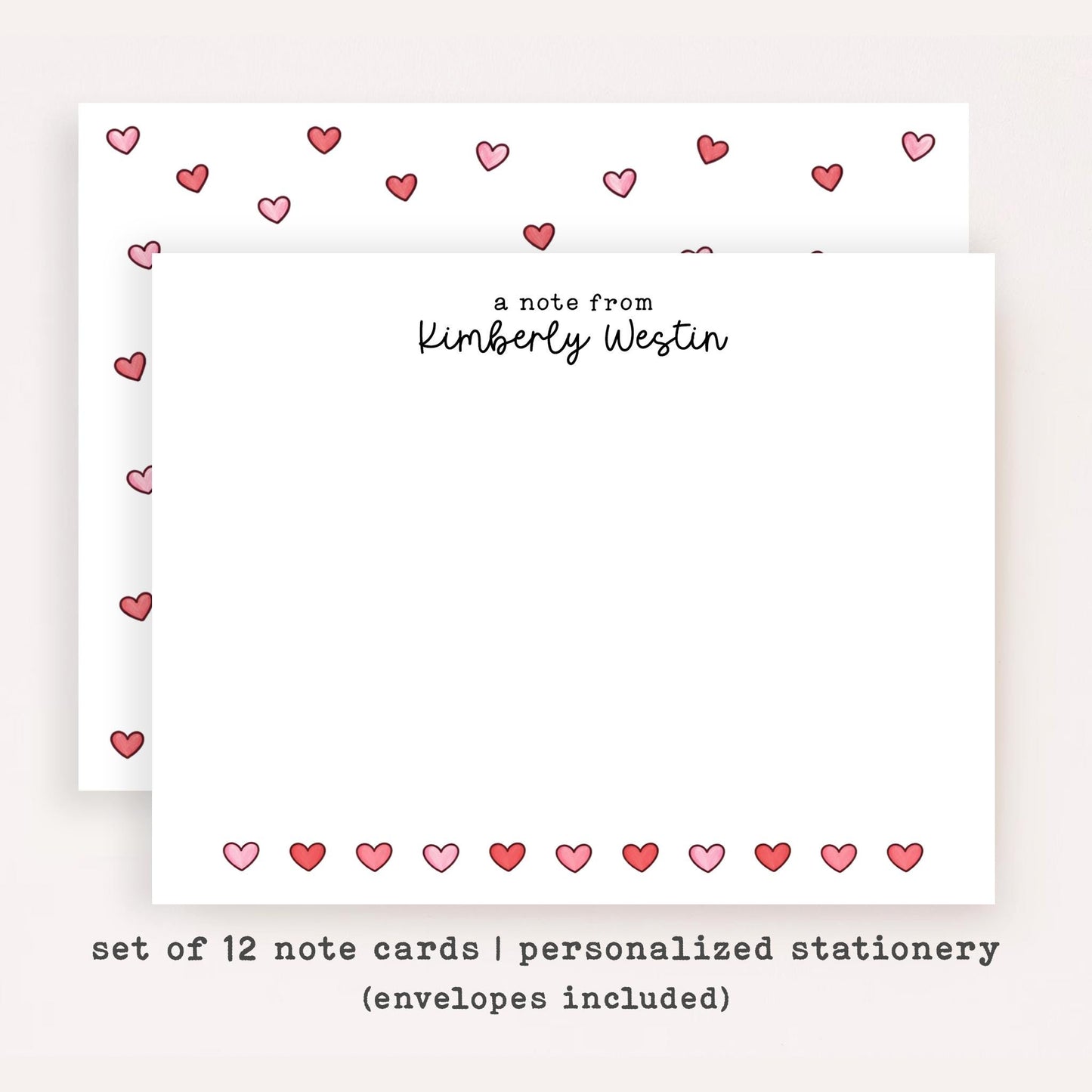Personalized Hearts Stationery Set • Custom Name Valentine Notecards • Tiny Hearts Thank You Cards • Set of 12
