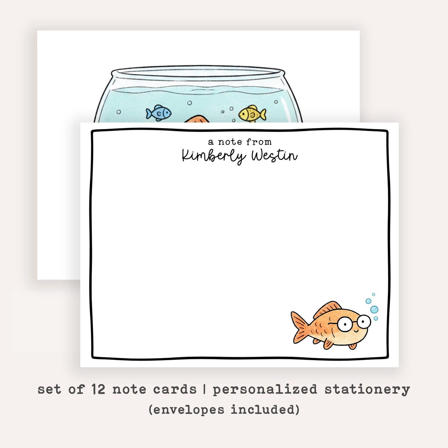 Personalized Fish Bowl Stationery Set • Custom Name Flat Notecards • Cute Goldfish Thank You Cards • Fish Lover Gift • Set of 12